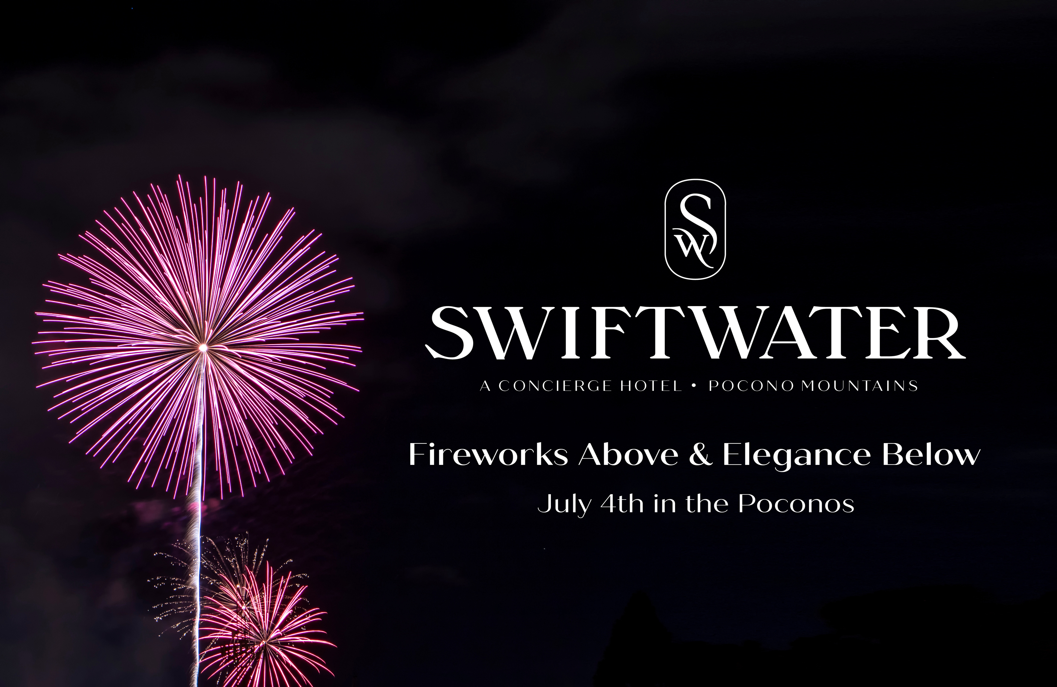 Fireworks going off next  to The Swiftwater logo