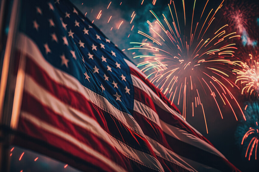 Flag and fireworks