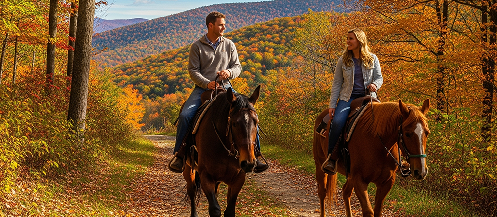 a man and woman riding horses on a path with trees in the background